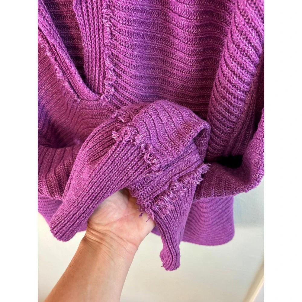 Free People Sweater Purple Women Small Ribbed V-Neck Oversized Raw Edge Boho